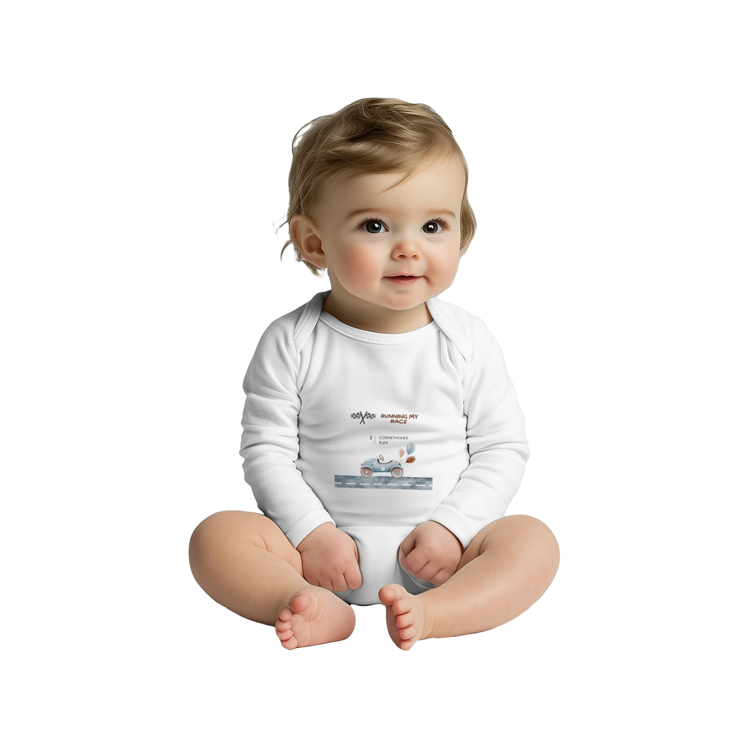 White Running My Race Classic Baby Long Sleeve Bodysuit 100% Cotton - MountZionGifts